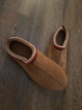 Cozy Suede Slip-On Clogs with Braided Trim - Tan & Red - Size 11 - Beach Brand